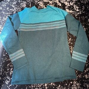 prAna Turquoise Blue Gray Striped Lightweight Crewneck Sweater Size M